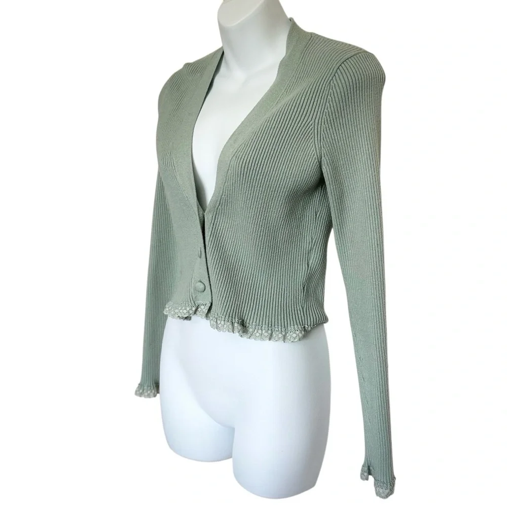 For Love and Lemons Nina Cropped Mint Ribbed Button Cardigan with Lace Trim - Picture 4 of 9